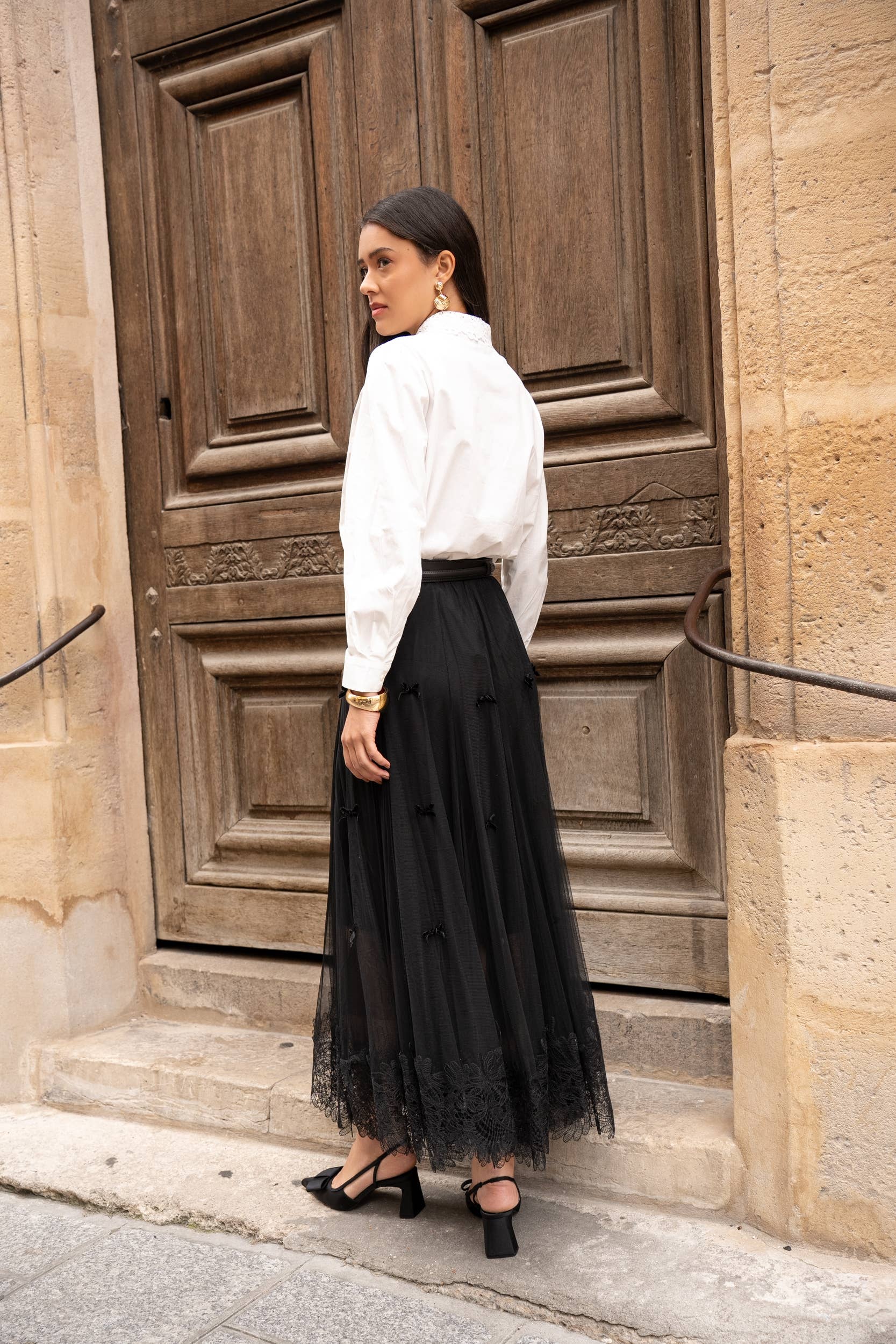 CHOKLATE PARIS – Engroshandel Nederdel - Dame – Lang tylskørt med sløjfer og broderi - CK083877