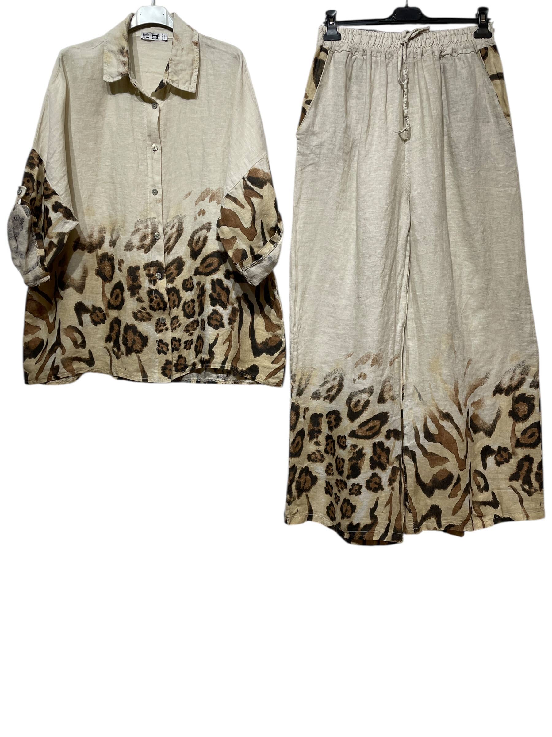LINEN & COTTON HOUSE – Engroshandel Overdelssæt – til kvinder – Leopardmønstret hørskjorte og bukser sæt 09002 484030