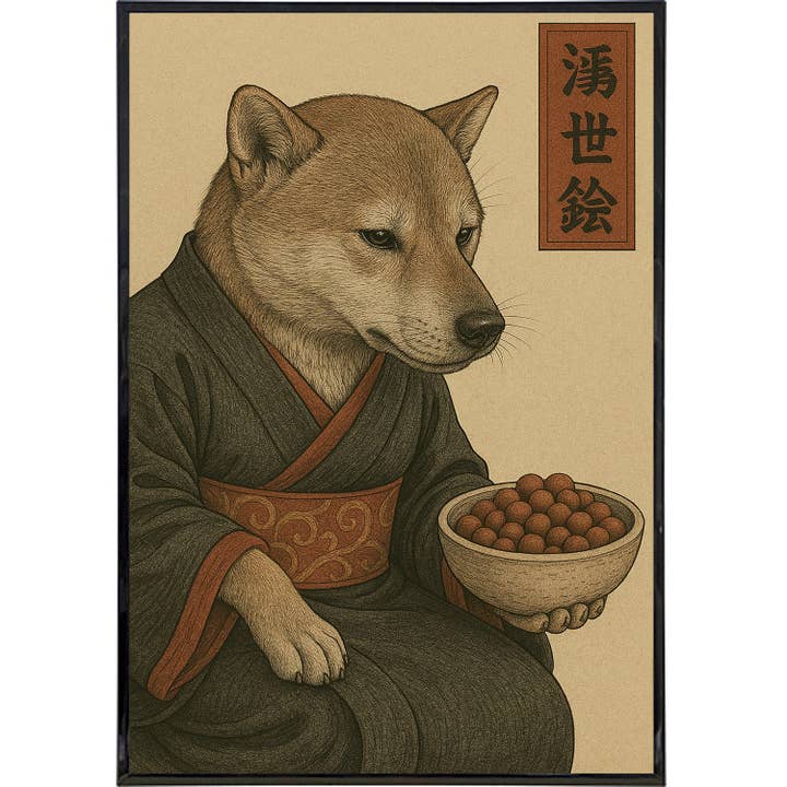 Dog Contemplating Kibble Japanese Ukiyo-e Style Poster Print for wholesale by Shady Front