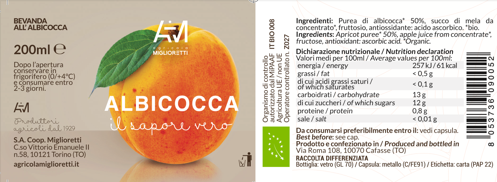 Azienda Agricola Miglioretti - Wholesale Fruit Juice - ORGANIC APRICOT DRINK, ideal for picnics, made in Italy1
