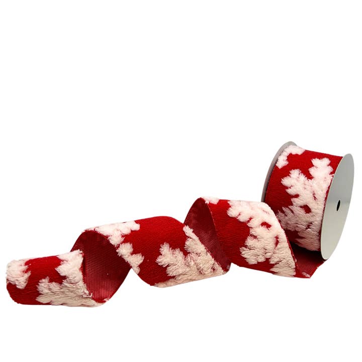 FUZZY RED WITH WHITE SNOWFLAKE RIBBON 4" X 10YD for wholesale by David Christopher's Collection