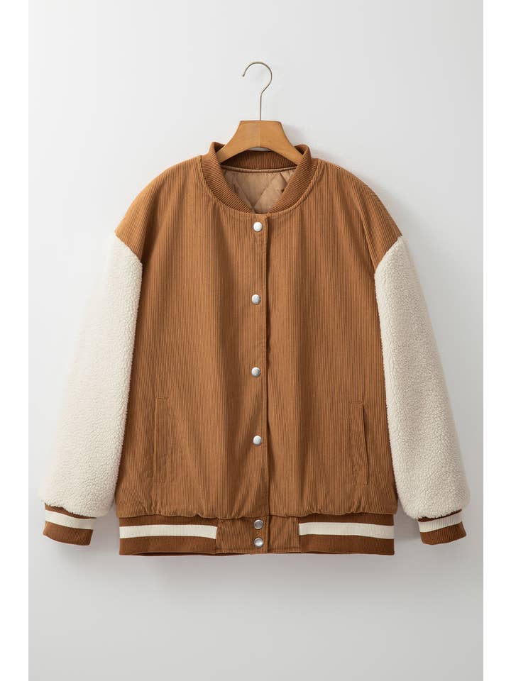 PRETTY BASH - Wholesale Bomber jacket – Women’s - Colorblock Corduroy Fleece Patchwork Button-Up Bomber Jacket14