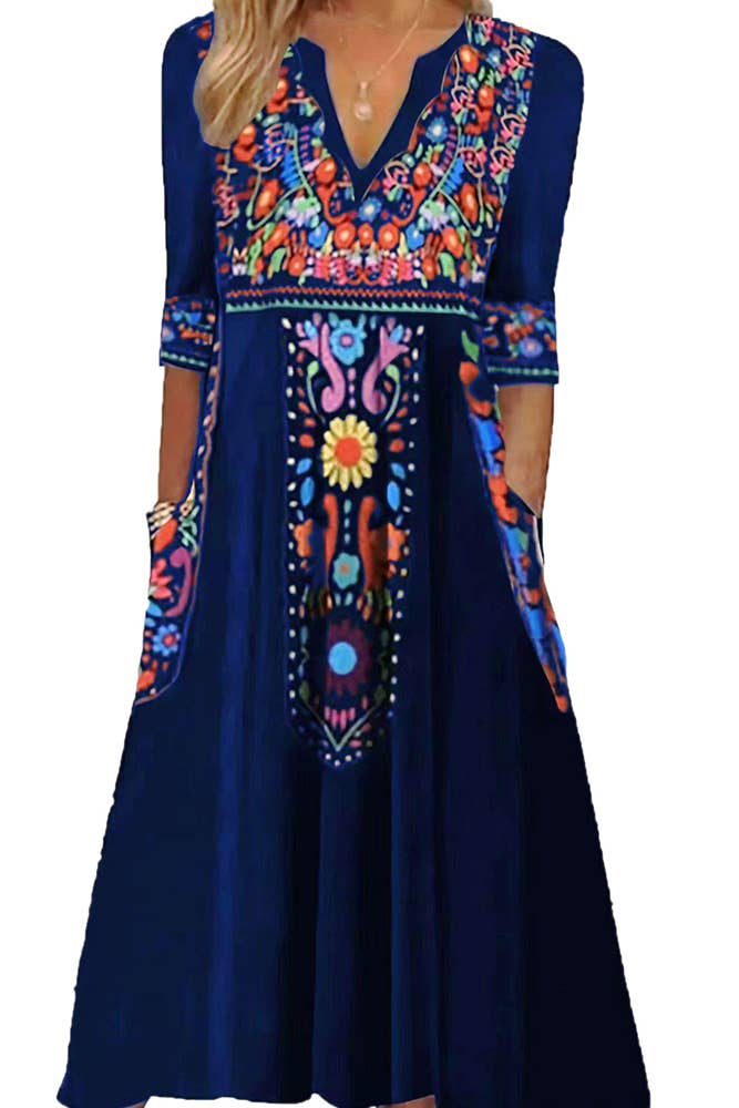 UNISHE - Wholesale Dress - Women's - Summer Boho Floral Print V Neck Maxi Dress ZK14626