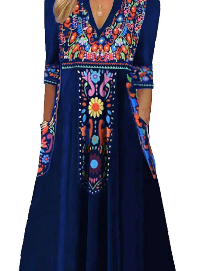 UNISHE - Wholesale Dress - Women's - Summer Boho Floral Print V Neck Maxi Dress ZK14626