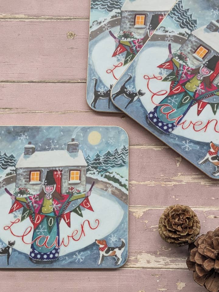 Nadolig Llawen Welsh Lady Coaster for wholesale by Driftwood Designs