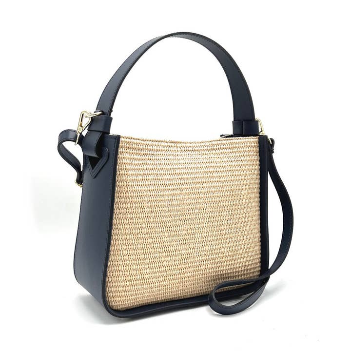 Summer collection, medium leather and straw shoulder bag, Made in Italy, art. 112571 for wholesale by Suie Valentini srl