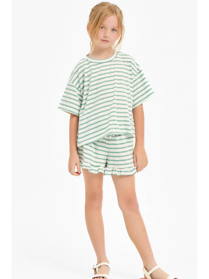 Good Girl - Wholesale Top & Short Set - Kids - Stripe Crop Top and Ruffle Shorts Set