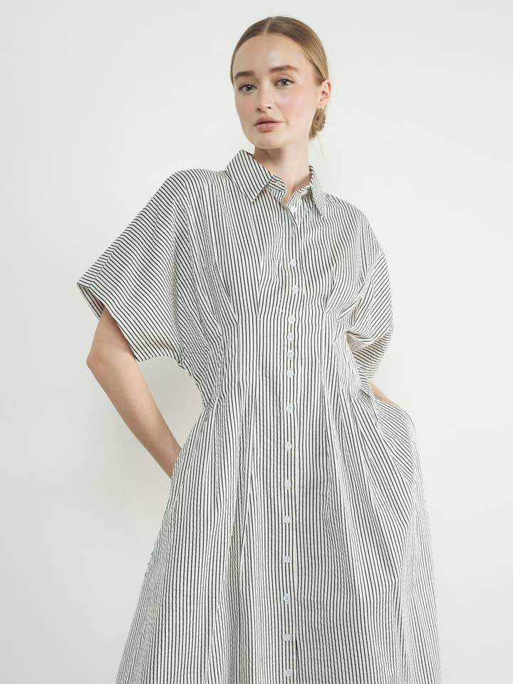 MAD3228 STRIPE BUTTON FRONT PLEATED MIDI SHIRTS DRESS for wholesale on Faire