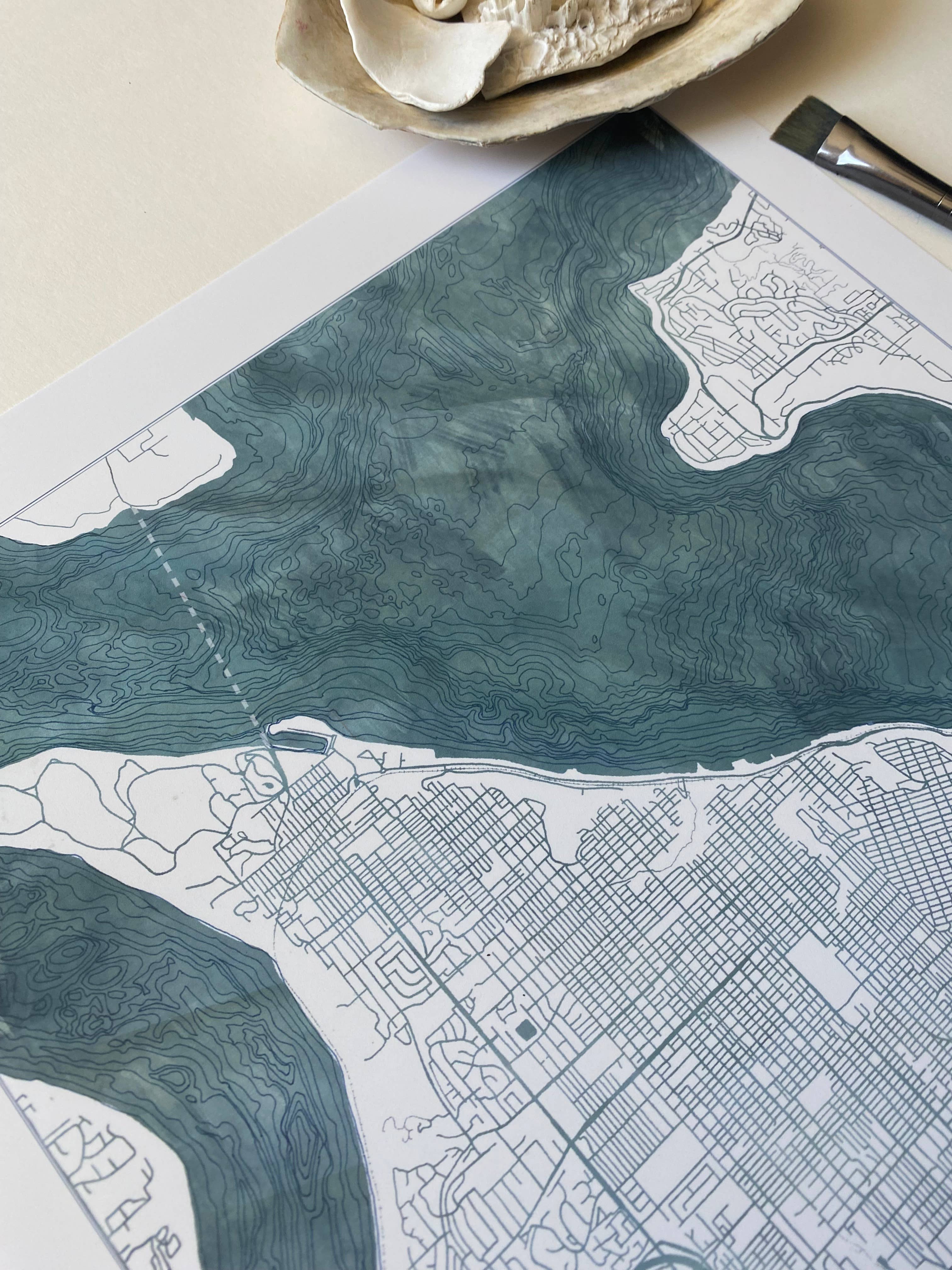 Turn-of-the-Centuries - Wholesale Art Print - Tacoma Washington Water Map-drawing PRINT4
