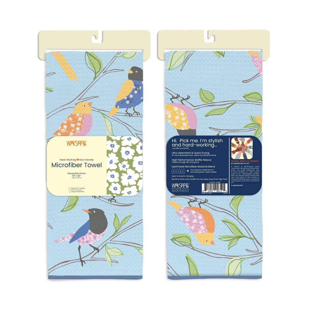 WerkShoppe - Wholesale Tea Towel - Floral Finch & Friends Microfiber Kitchen Towel1