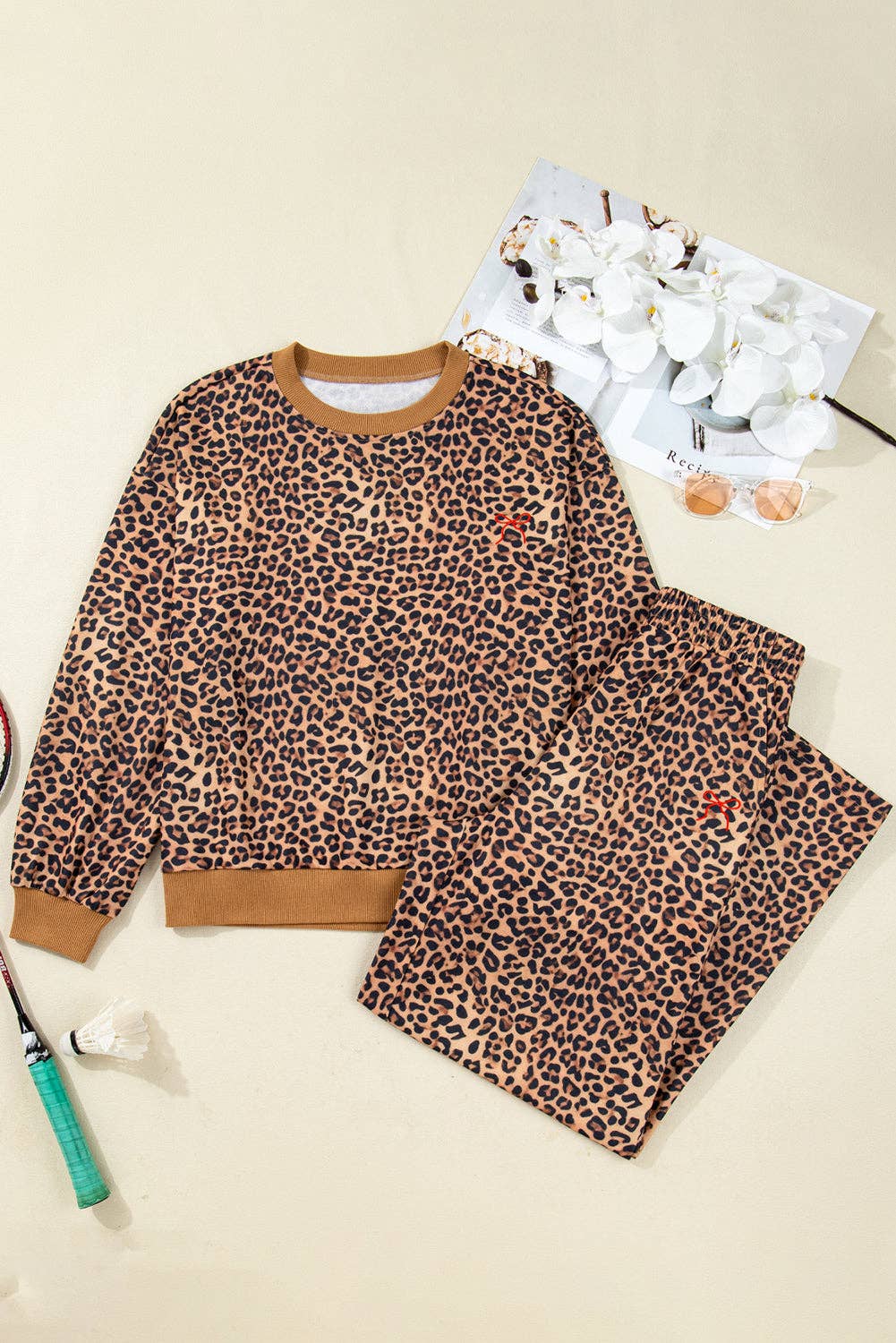 Khaki Leopard Bow Embroidered Pullover and Pants Set for wholesale on Faire5