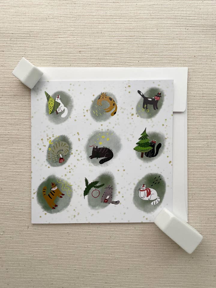 Whimsical Cats Holiday Gratulationskort (5 ”x5") med kuvert - festligt och roligt, tomt inuti för ditt meddelande för wholesale av Dariia Dziuba