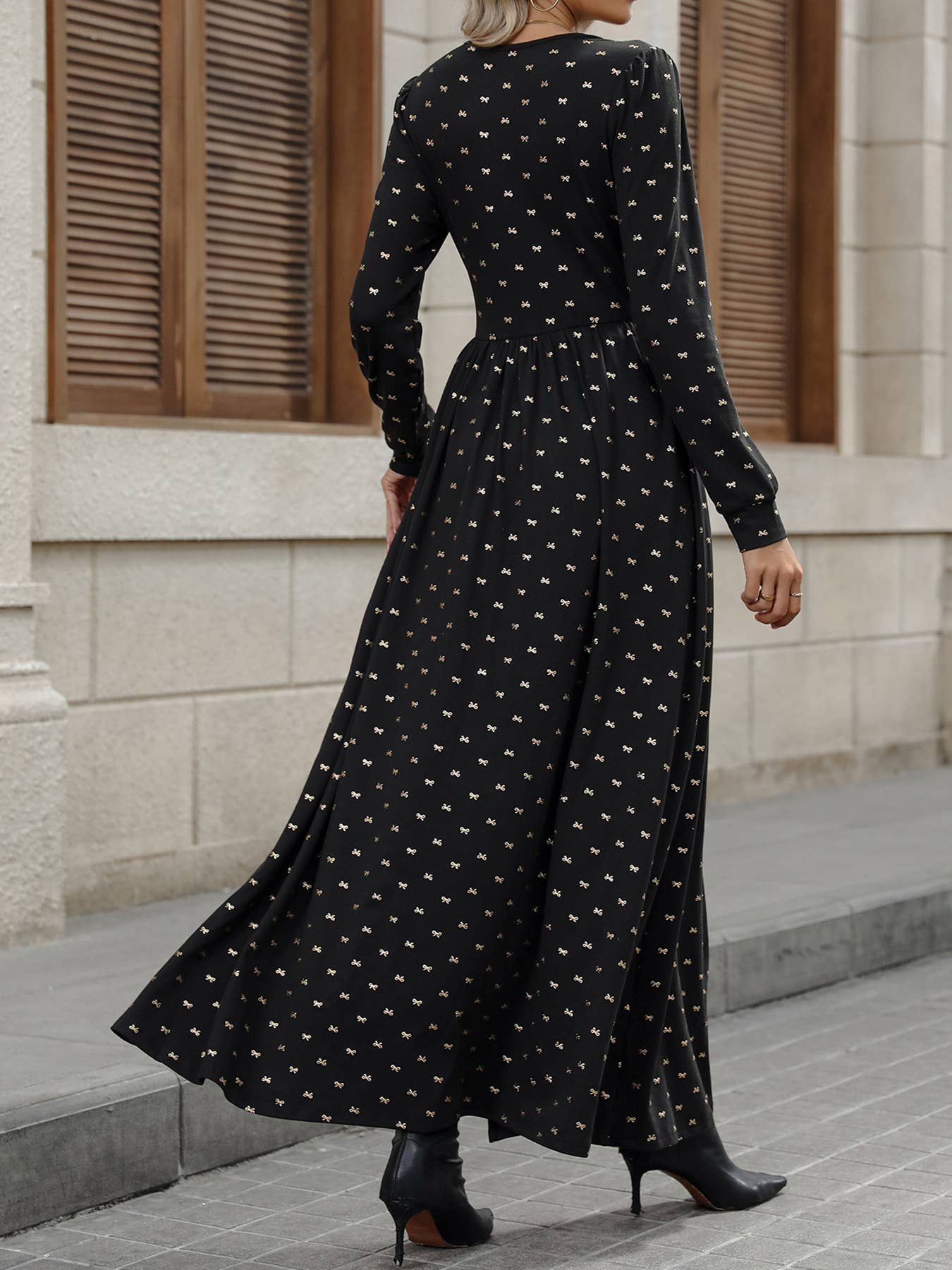Black Autumn elegant  style lace bow printed long-sleeved dress for wholesale on Faire2