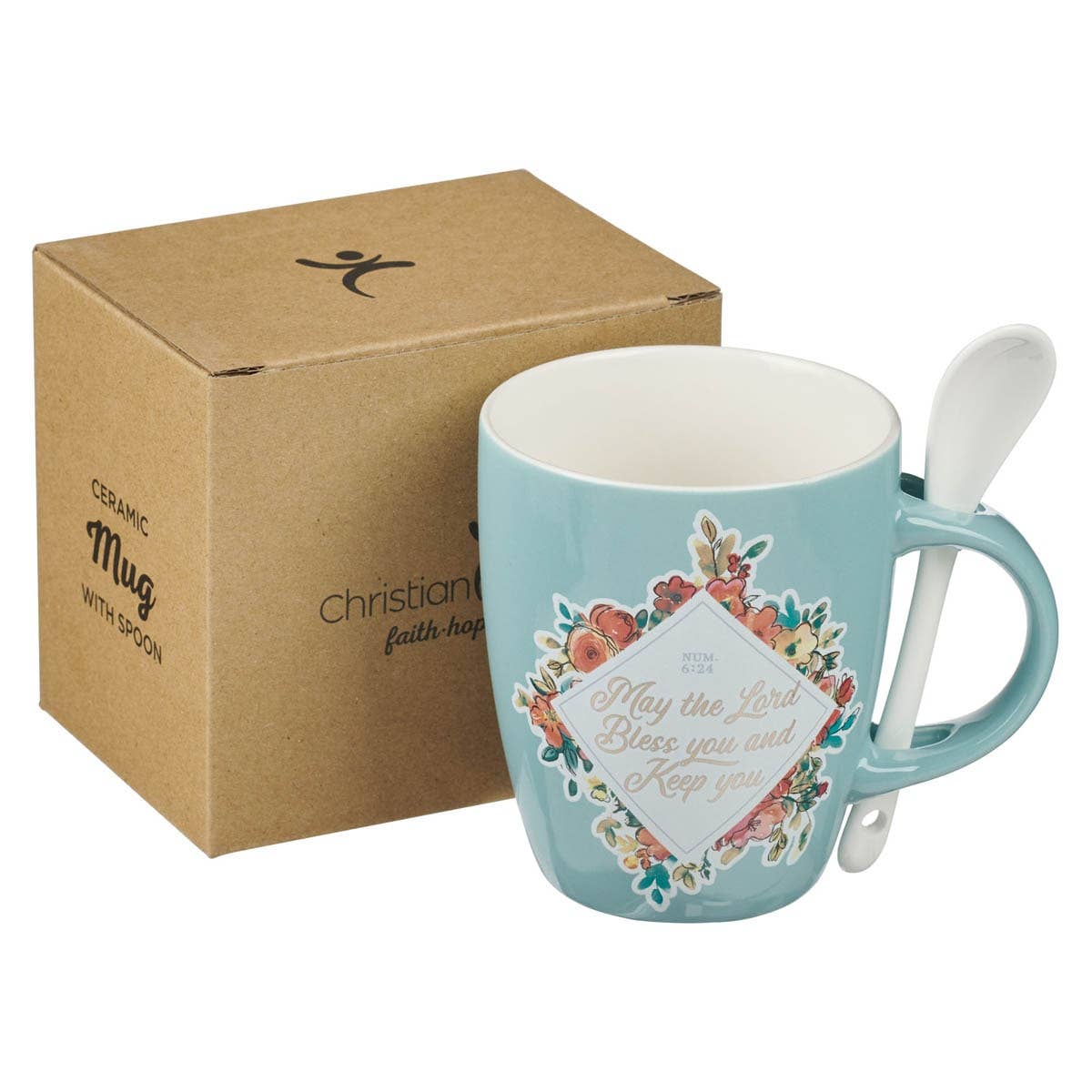 Christian Art Gifts - Wholesale Coffee Mug - Bless You and Keep You Teal Ceramic Coffee Mug with Spoon -3
