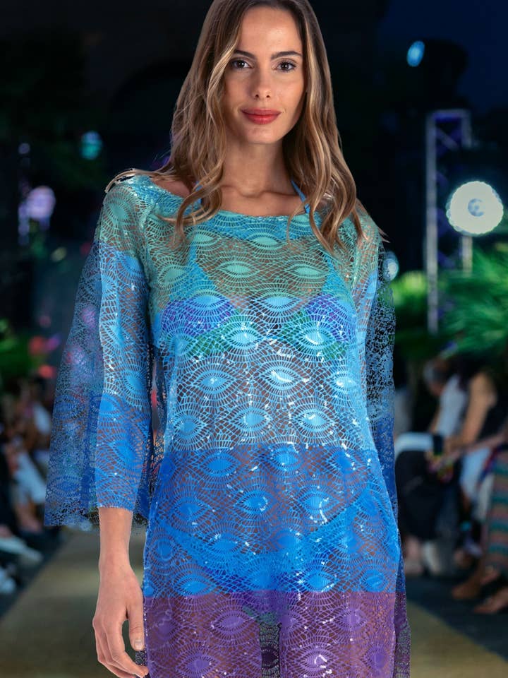 Tunika Randig Virkad Paljett Storlek XS Färg Ljusblå för wholesale av Pin-Up Stars