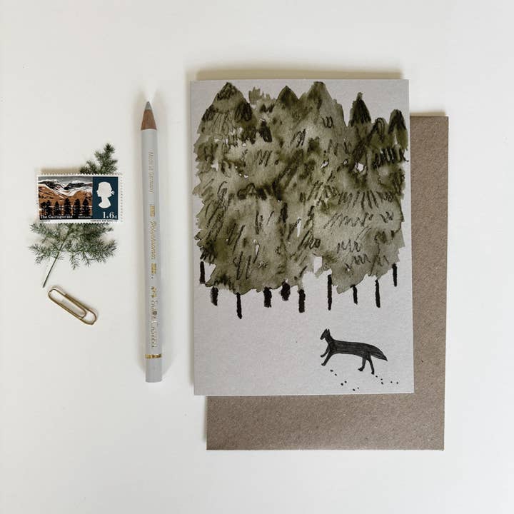 'Fox and Pine Trees' Christmas Card for wholesale by dear prudence