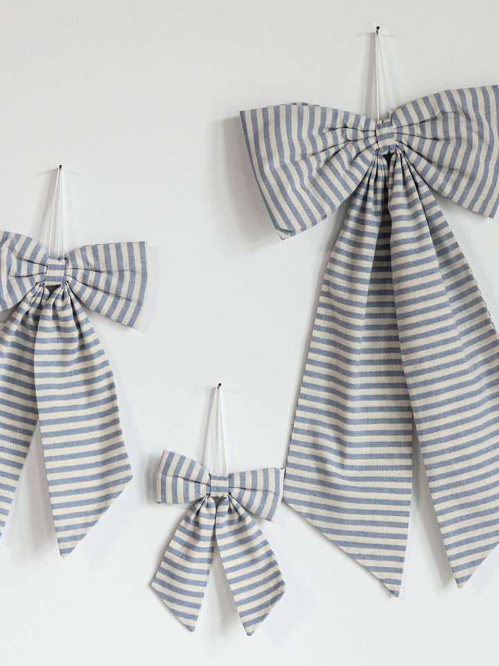 Striped Blue & Gold Fabric Bows for wholesale by Luxe B Co