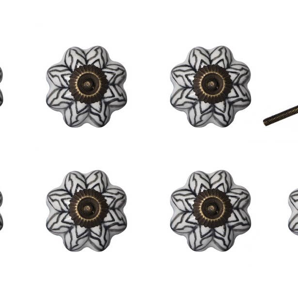 HomeRoots - Wholesale Knob/Pull - Set of Eight Black And White Ceramic And Metal Drawer Pull Knobs