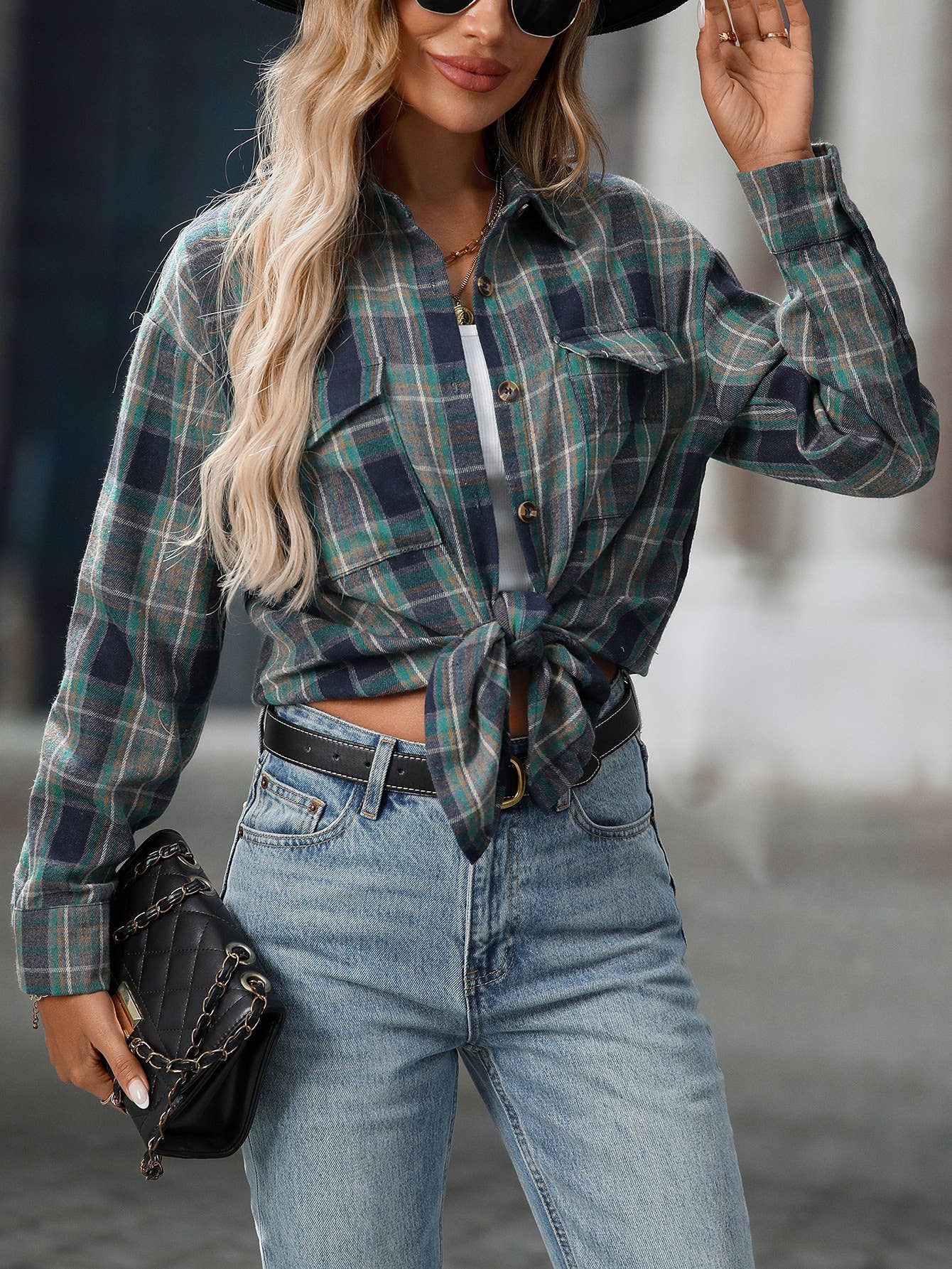 FULL TIME PURCHASE - Wholesale Button Down Shirt - Women's - Plaid Print Chest Pockets Buttoned Shirt12