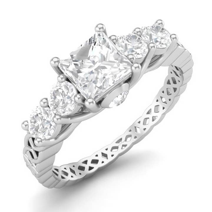 Anello di fidanzamento a cinque pietre in argento 925 con moissanite quadrata da 5 mm per la vendita all'ingrosso da parte di Star Joya