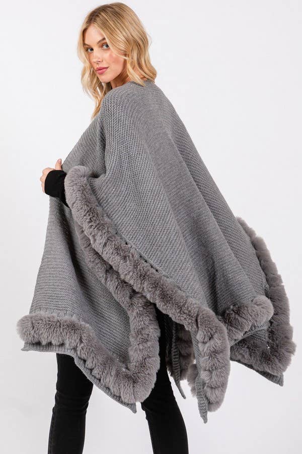 Artini Accessories – wholesale Cape – Women's – Faux Fur Trim Winter Cape Cardigan7