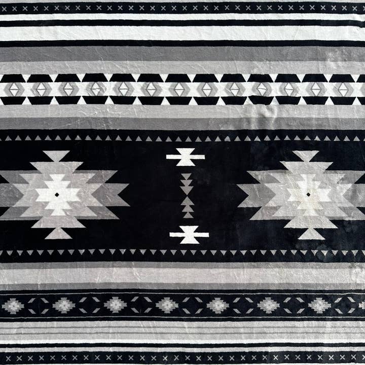 Black & Gray Southwest Aztec King Size Super Plush Blanket for wholesale by Sunshine Home Textile