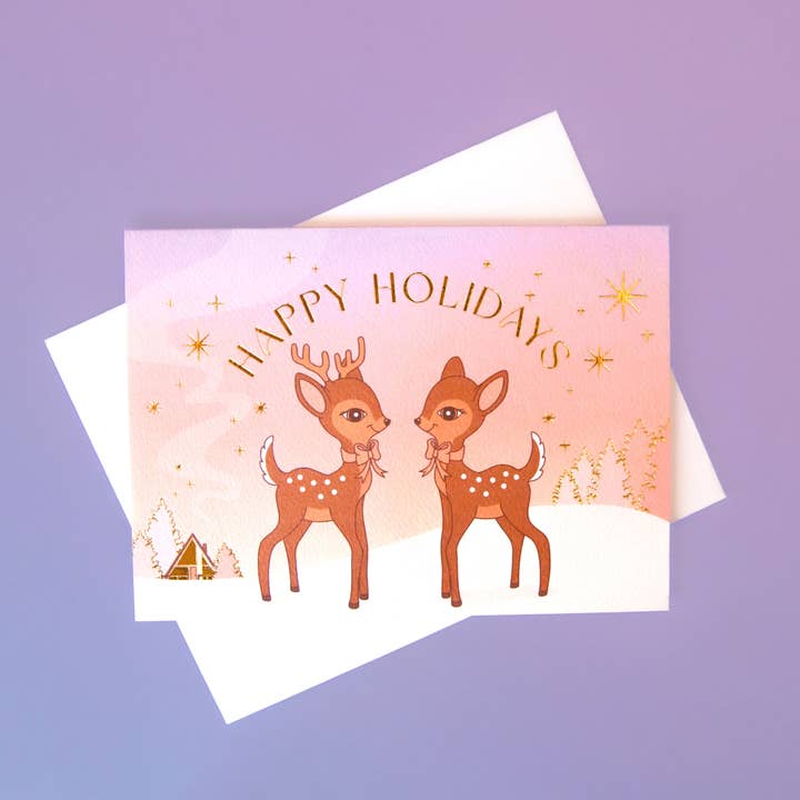 Happy Holidays Retro Deer Greeting Card | Gold Foil for wholesale by Sunshine Studios