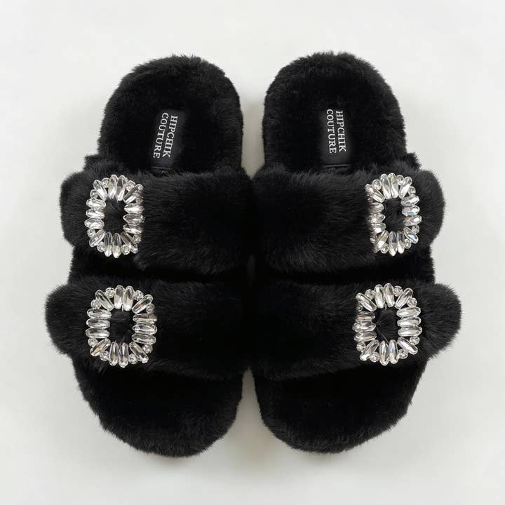 Mink Slide Sandals Shoes with Crystal Buckle Black for wholesale by Hipchik