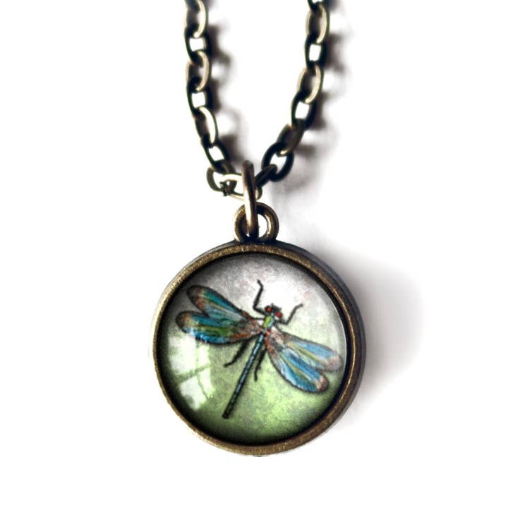 Dragonfly Simple Reversible Glass Cabochon Pendant Necklace for wholesale by The Divine Iguana