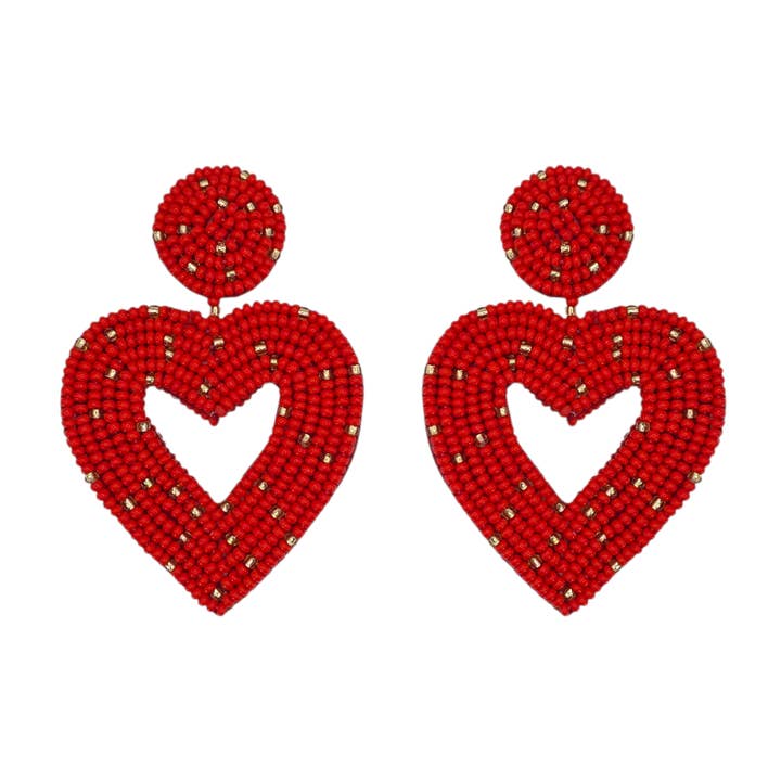 Red & Gold Beaded Heart Outline Drop Earrings for wholesale by Narratives The Line
