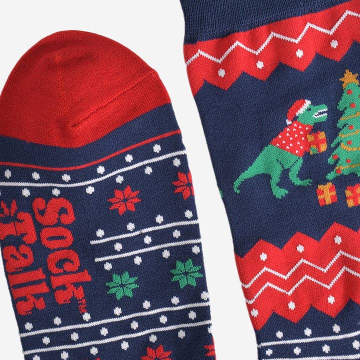 Sock Talk – Meias - Homem por atacado – Meias masculinas de bambu azul-marinho/vermelho com dinossauro T-Rex e árvore de Natal3