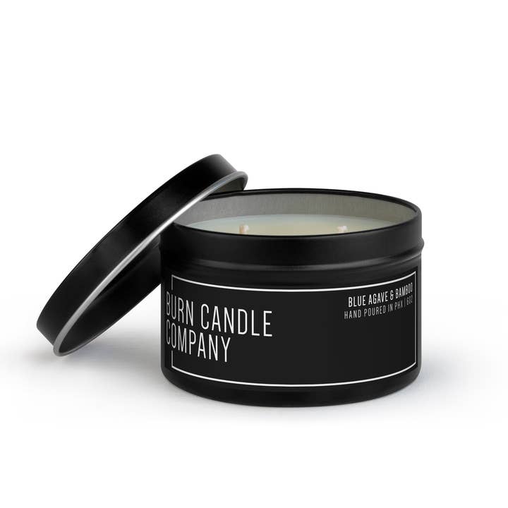 Blue Agave & Bamboo | Dual Wick | 8 oz Black Tin for wholesale by Burn Candle Company