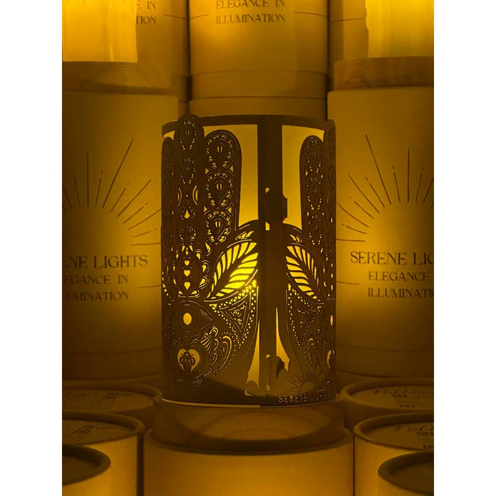 Serene Lights - Wholesale Decorative Tabletop Object - Hamsa, Decorative Candle Holder – Laser Etched, Handmade Wood Veneer, Rechargeable LED Candle
6