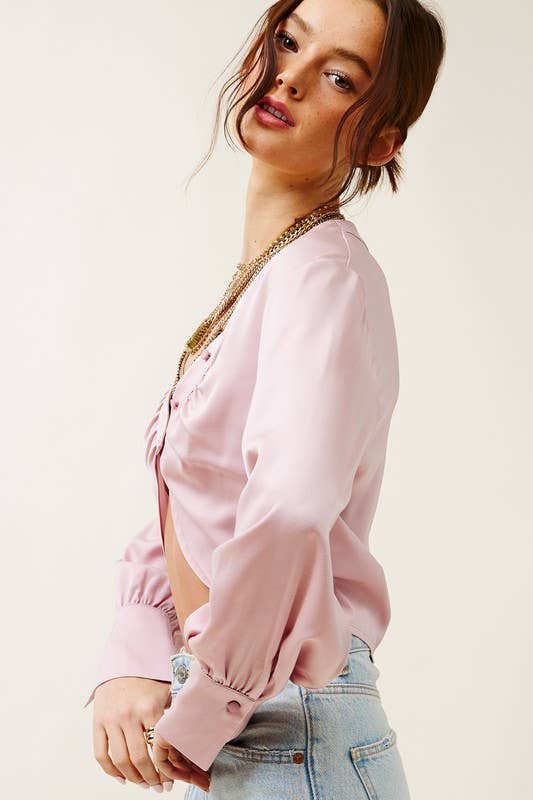 Mimosa - Wholesale Blouse - Women's - V neck Satin Crop Blouse with Button Accents7