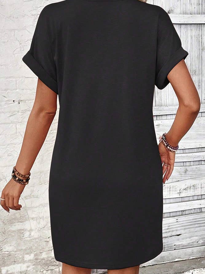 UNISHE - Wholesale Dress – Women's - Plain V Neck Buttoned Exposed Seam T-Shirt Dress AXR0957