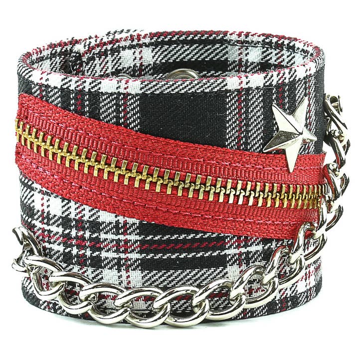 BC331 PLAID ZIPPER STAR CHAIN PUNK BRACELET for wholesale by Funk Plus