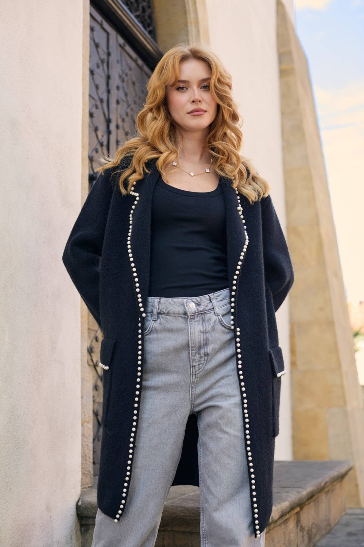 SAACHI - Wholesale Blazer - Women's - Pearl Trim Long Knit Blazer0