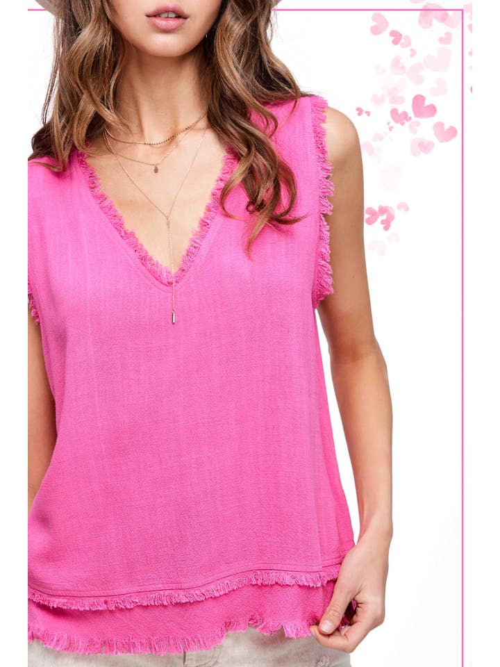 La Miel - Wholesale Tank Top - Women's - HBT7635-Soft Washed Gauze Cut Edge Sleeveless V-neck Top