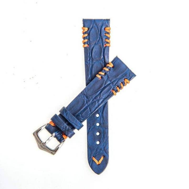 Blue Rubberized Crocodile Watch Strap Orange Tribal Stitches for wholesale by MilanoStraps