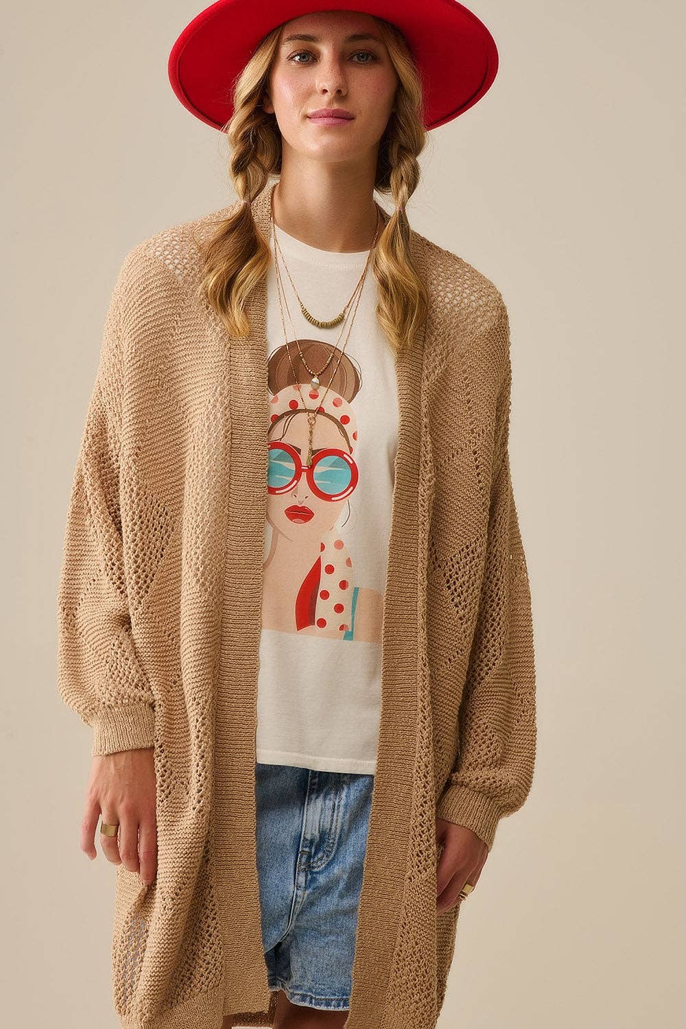 BEIGE Camel Draped Cardigan With Crochet Design for wholesale on Faire4