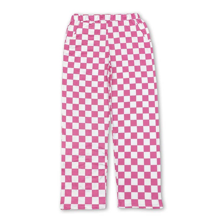 Pink plaid adult women pants for wholesale by Yawoo Garments