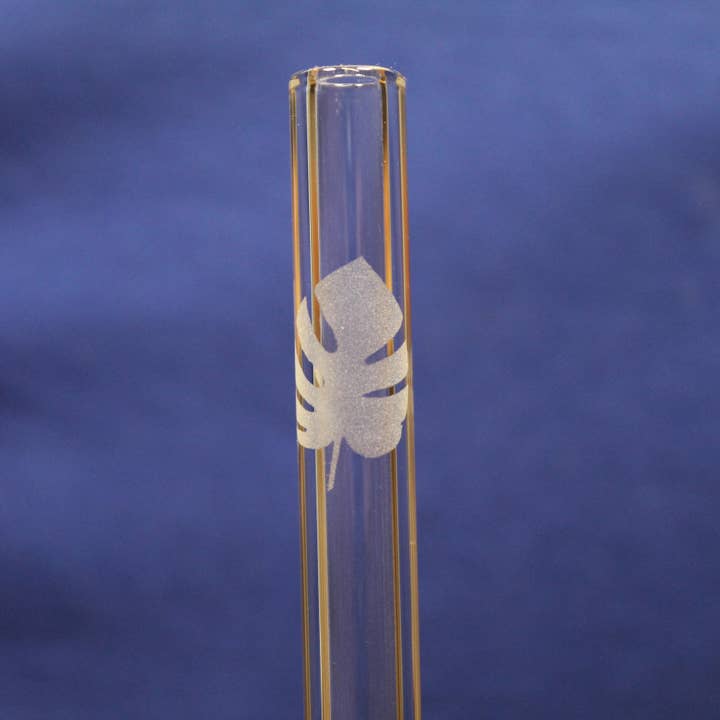 Canudo de vidro gravado Monstera Leaf com escova de limpeza por atacado de DrinkingStraws.Glass LLC