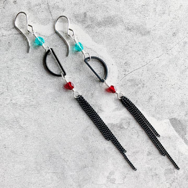 Ready to Ship Teal/Garnet Beaded Earrings Black Chain for wholesale by LITVA'S Jewelry