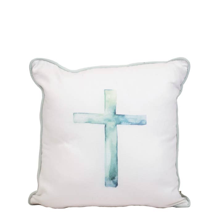 Coussin Jade Cross Blanc/bleu doux 16x16 pour la vente par The Royal Standard