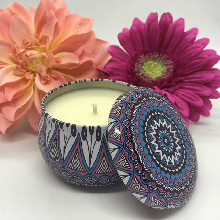 Travel Tin 4.5 oz Soy Candle-Decorative Fun Boho-Blue+Lilac for wholesale by Jamcat Candles