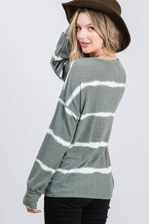 7th Ray – Engroshandel Strikket top - Dame – Stribet Tie Dye V-søm Drop Shoulder Langærmet Top T35659