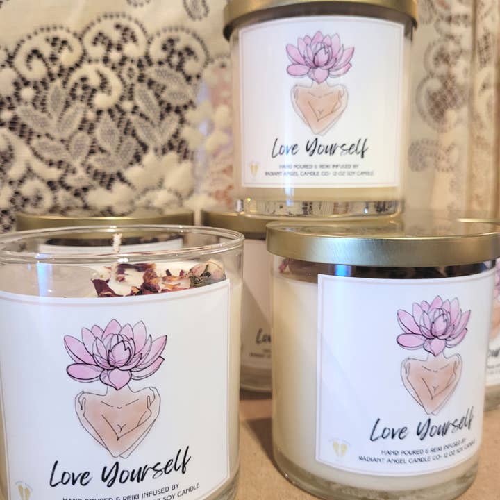 Radiant Angel Candle Co - Venta al por mayor Velas en tarros - Vela Love Yourself con cuarzo rosa en tarro de soja de 12 onzas3