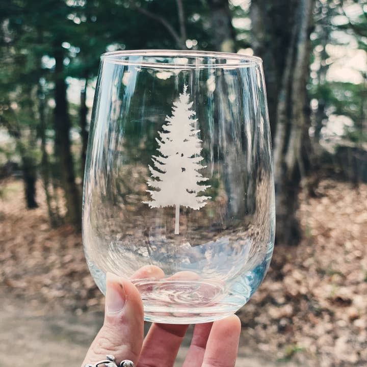 Reclaimed Maine Co. - Wholesale Wine Glass - Woodland Etched Stemless Wine Glasses | Lake + Forest Gifts1