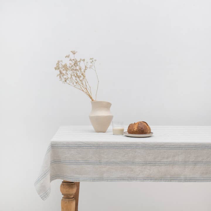 Grey Blue Wide Stripe Rustic Linen Tablecloth for wholesale by Linen Tales (We cover U.S. import duties)
