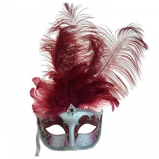 Burgundy Silver Feather Mask With Stick for wholesale by KBW Global Corp.
